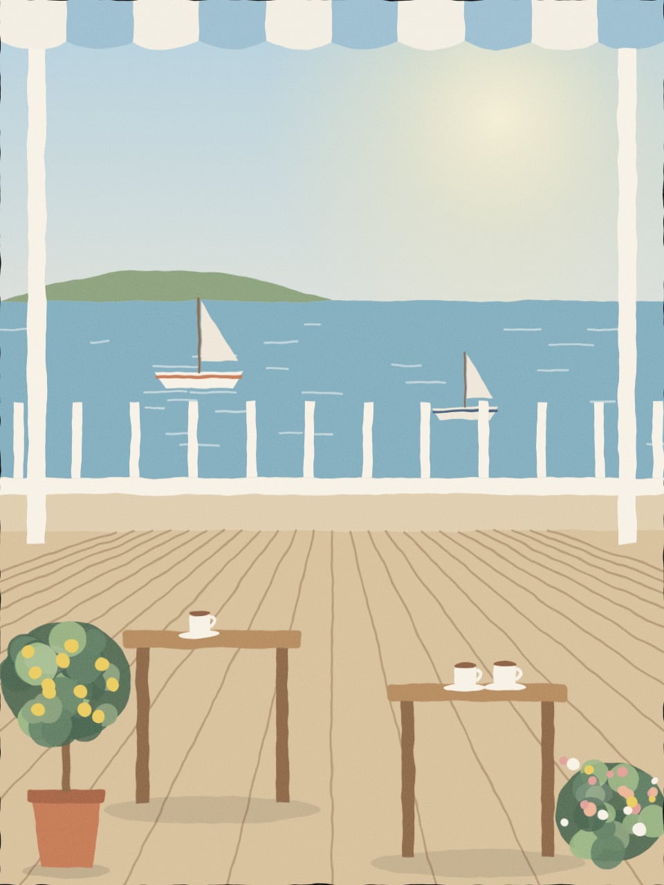 Sunlit cafe porch over a quiet harbor